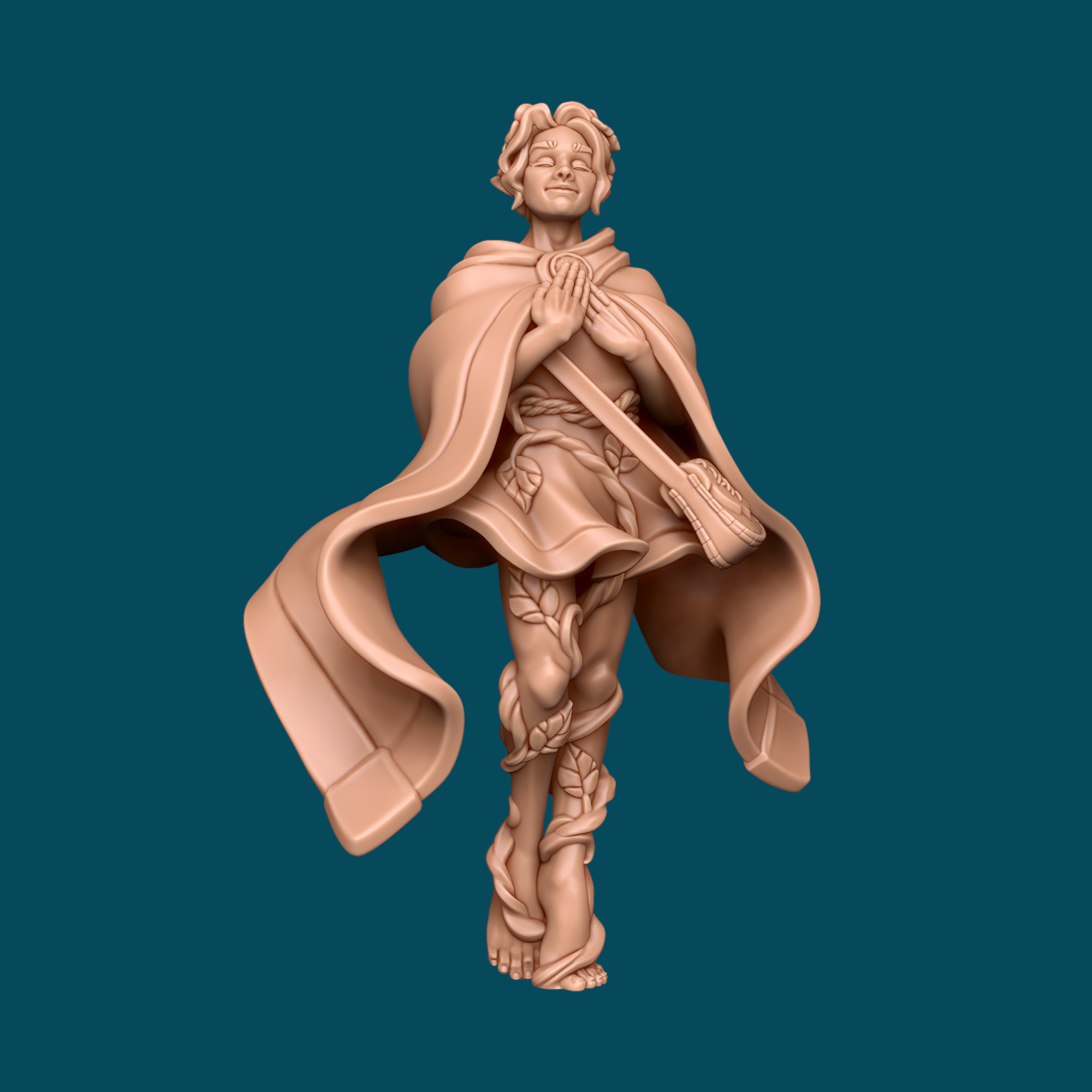 Phlox is a blissful elf druid miniature in heroic 32mm scale, printed in 16K ABS-Like resin. Features flowing cloak and vine-wrapped legs. Ready to paint for D&D and tabletop RPGs