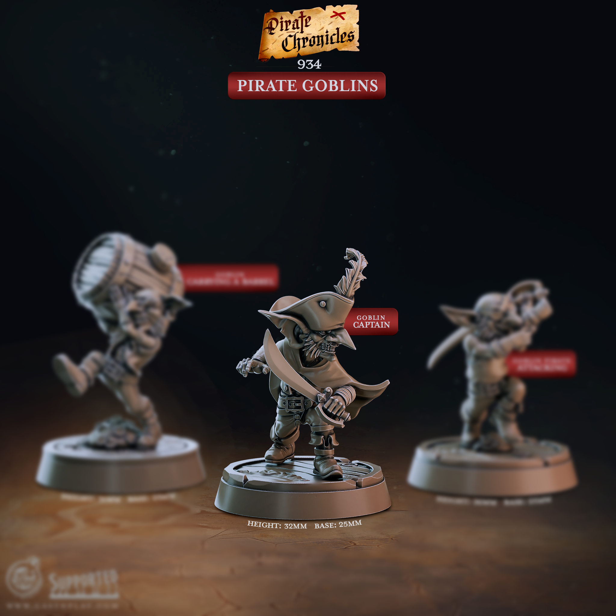 3D printed miniature of a goblin pirate captain wearing a tricorn hat and cape while wielding a curved sword, ideal for D&D tabletop RPG pirate campaigns as a boss or NPC.