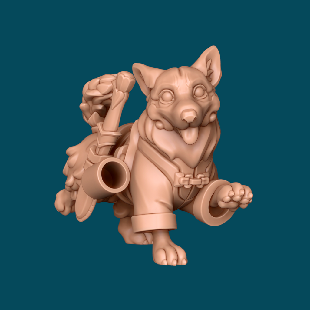 Side profile of Pumpkin the corgi adventurer 3D printed resin miniature showing the detailed fur, adventuring harness, and fluffy tail for D&D and tabletop RPG gaming.
