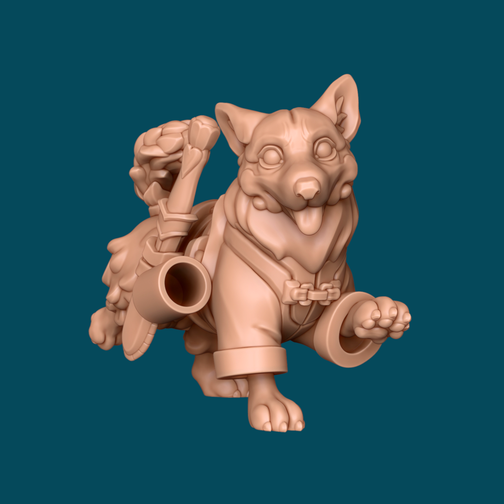 Side profile of Pumpkin the corgi adventurer 3D printed resin miniature showing the detailed fur, adventuring harness, and fluffy tail for D&D and tabletop RPG gaming.
