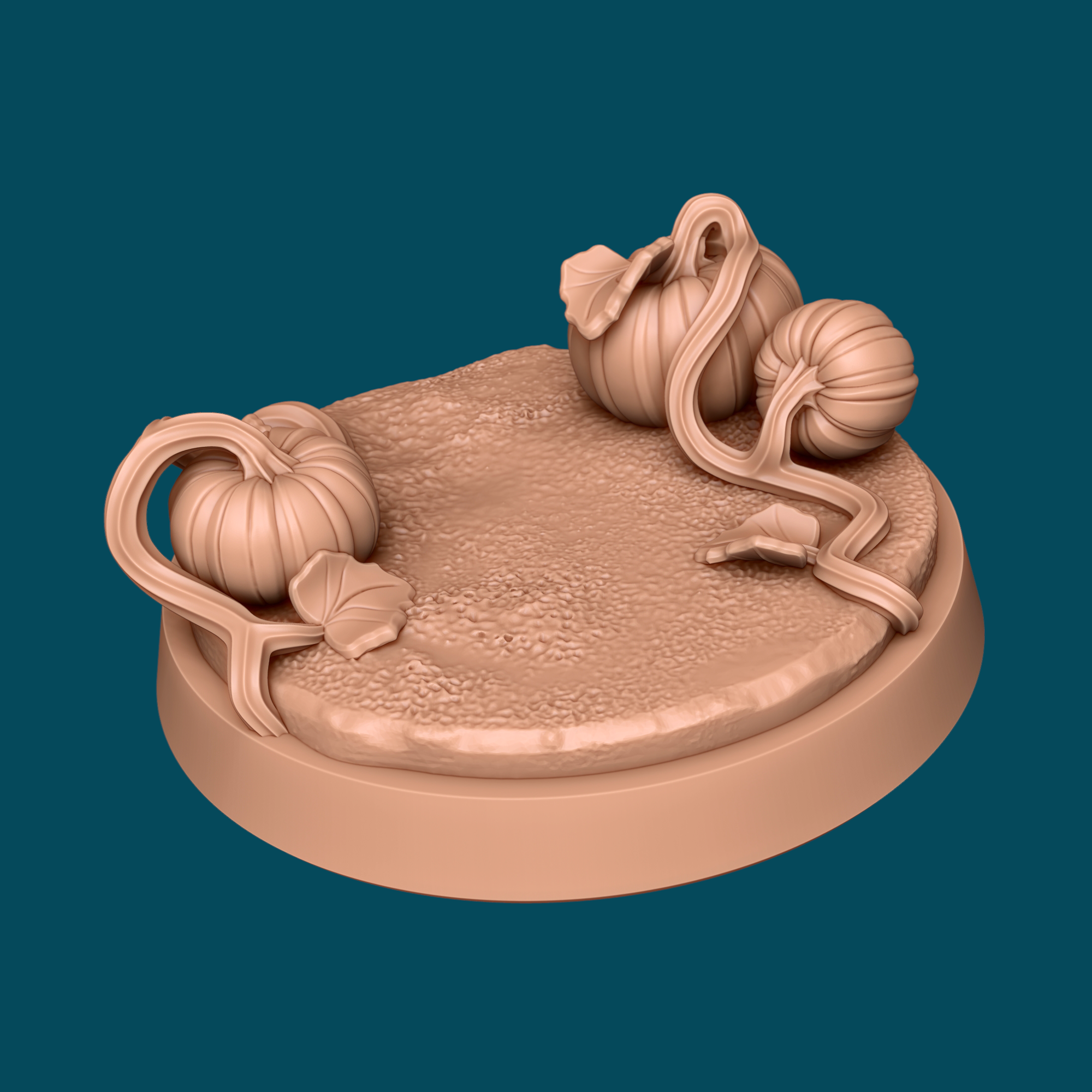 3D printed 25mm textured pumpkin patch base with pumpkins, vines, and leaves, a resin accessory for D&D and tabletop RPG miniatures.

