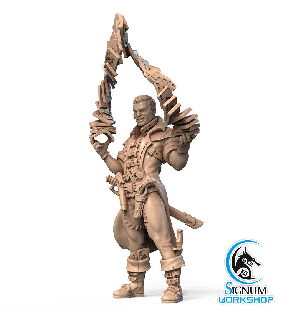 Reez the XII-th Arcana alternate angle of the 3D printed 16K resin miniature (Human Bard, Magus) for D&D, Pathfinder, and tabletop wargaming in heroic 32mm scale.