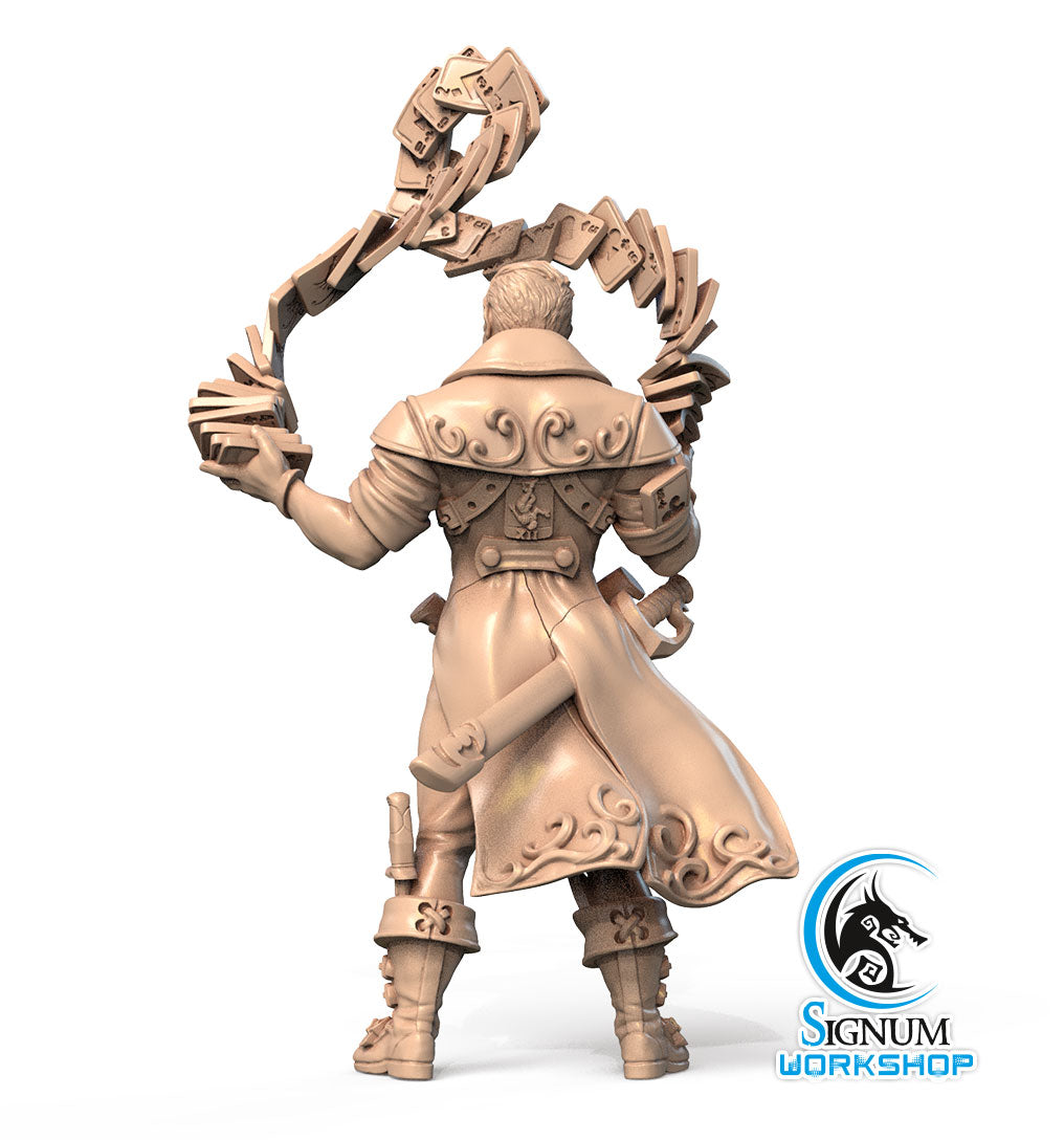 Reez the XII-th Arcana alternate angle of the 3D printed 16K resin miniature (Human Bard, Magus) for D&D, Pathfinder, and tabletop wargaming in heroic 32mm scale.