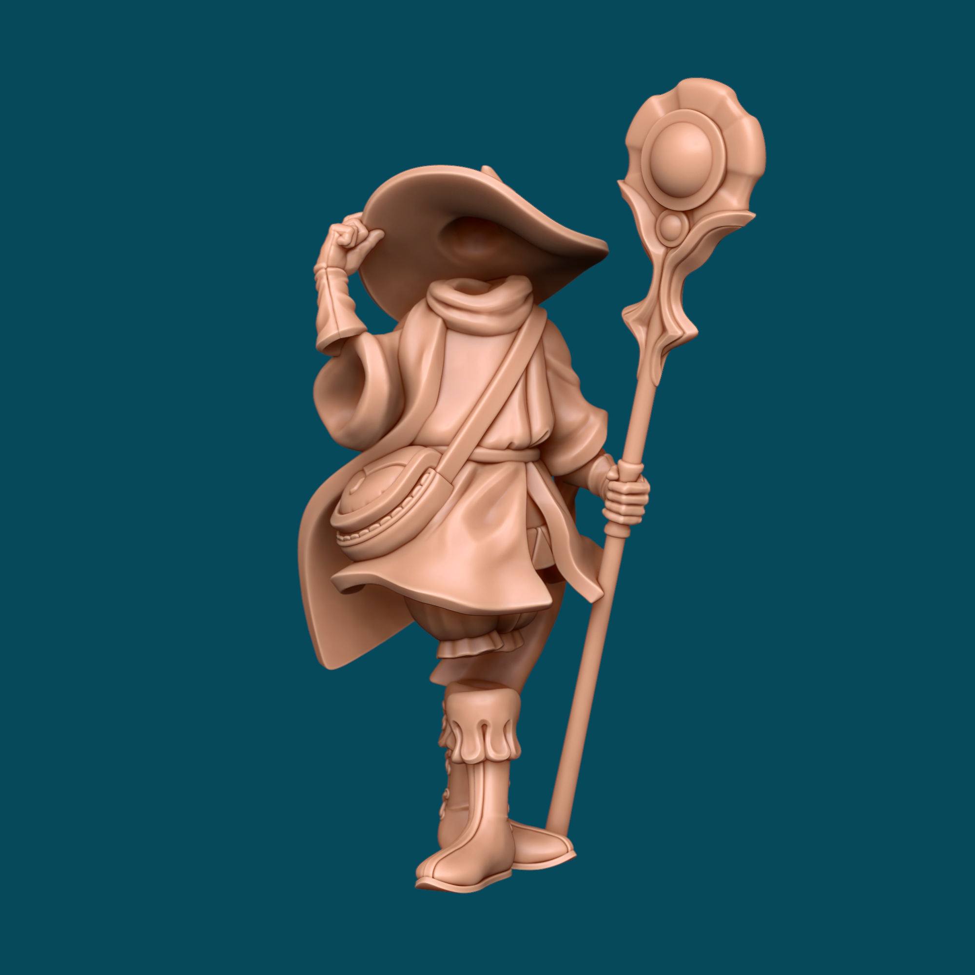 Remi is an invisible mage miniature in heroic 32mm scale, printed in 16K ABS-Like resin. Mysterious cloaked figure with oversized hat and ornate staff. Ready to paint for D&D.