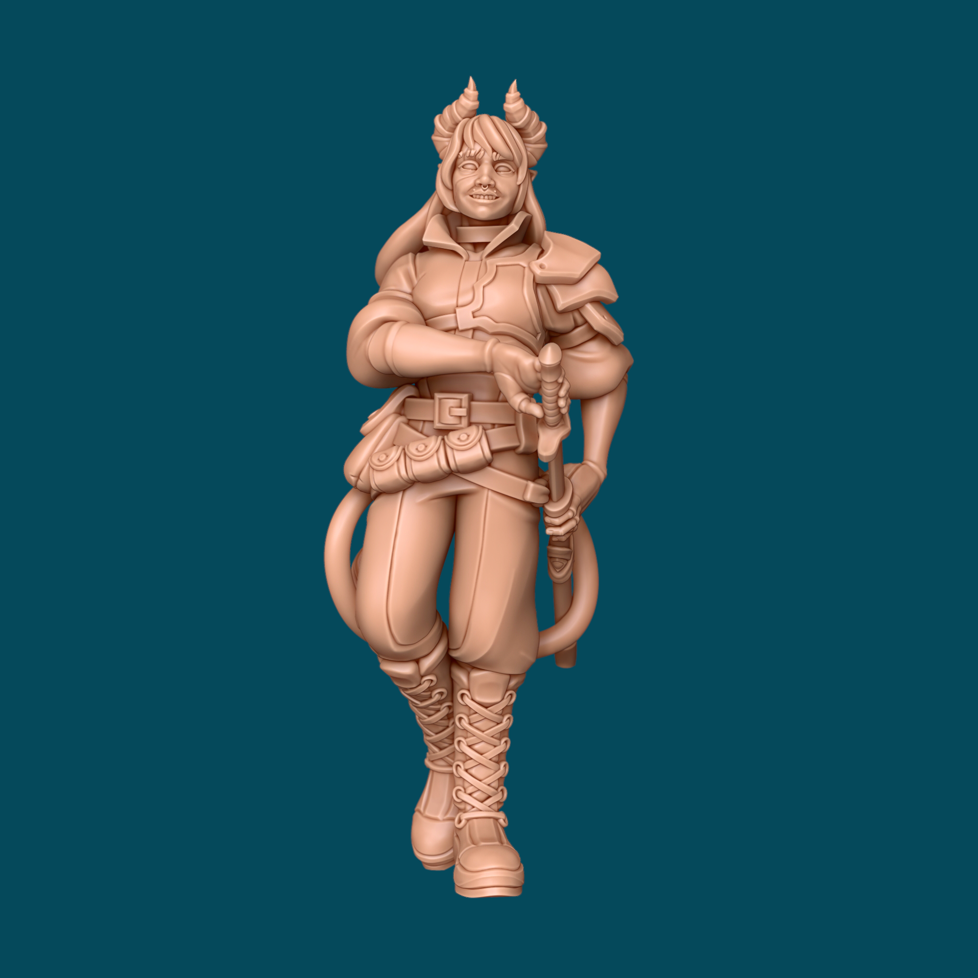 Reverence is a tiefling rogue miniature in heroic 32mm scale, printed in 16K ABS-Like resin. Features horns, tail, and detailed leather armor. Ready to paint for D&D and tabletop RPGs.