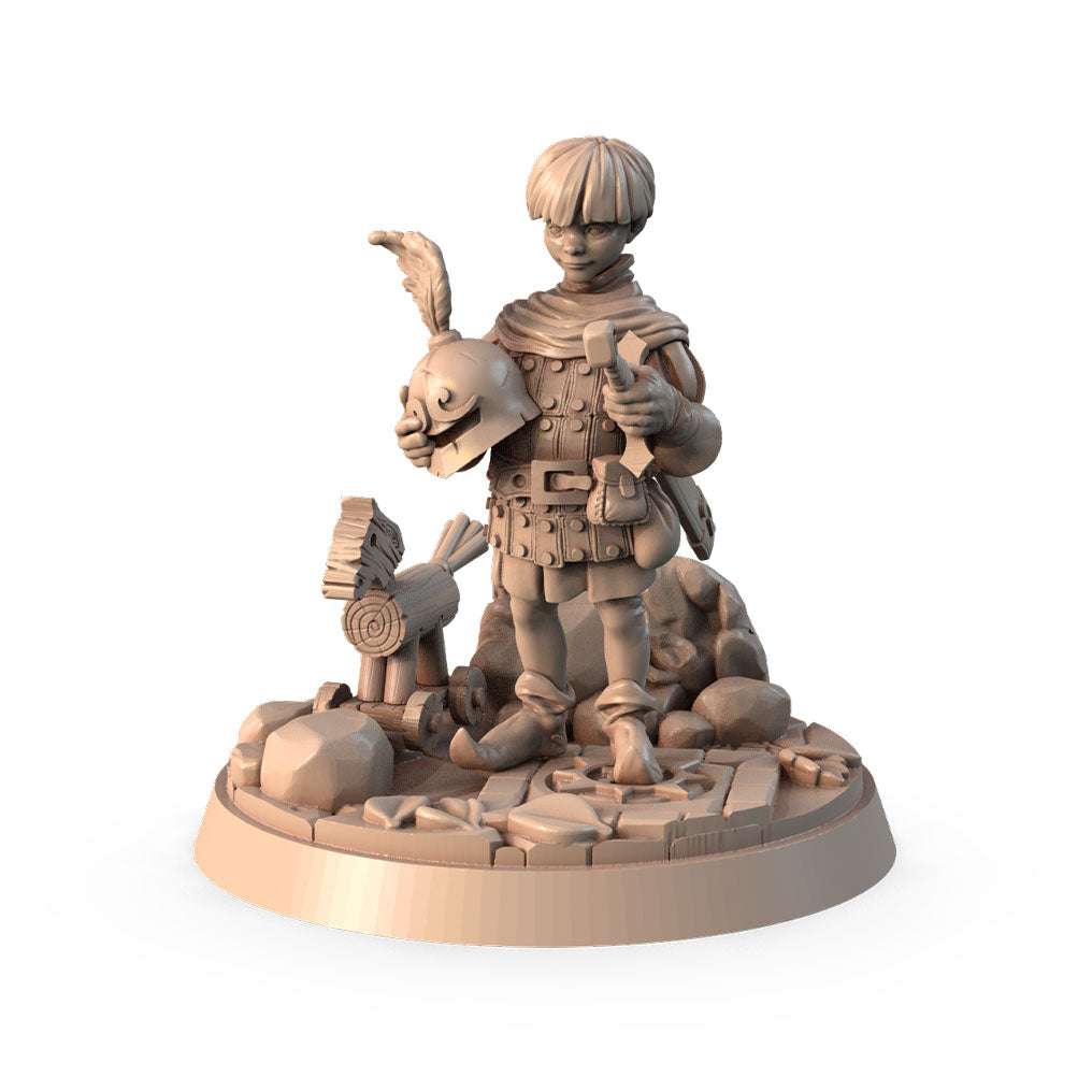 Rufus the Young Squire 3D printed 16K resin miniature for D&D and Pathfinder tabletop RPG, sculpted as a Human, Halfling Fighter, Townfolk & NPCs in heroic 32mm scale with ABS-Like durable resin.