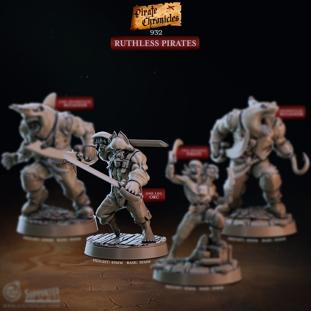 3D printed resin miniature of a one-legged orc pirate wielding a large sword in a battle-ready pose, ideal for D&D, Pathfinder, and tabletop RPG pirate encounters.