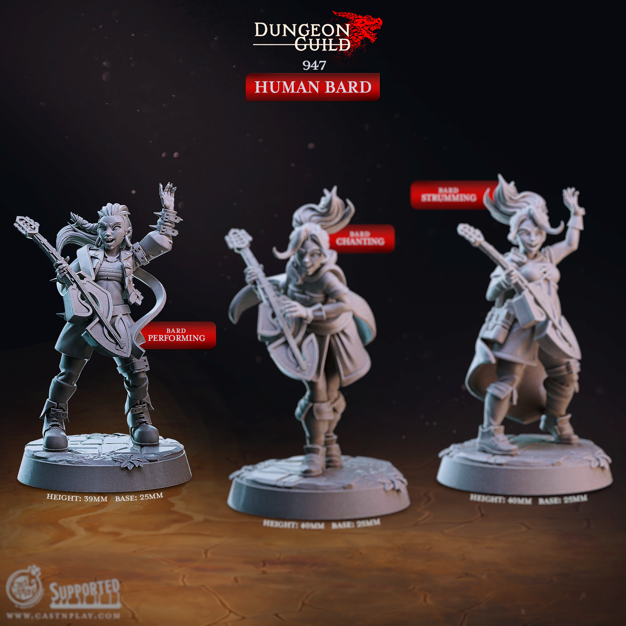 Female Human Bard Miniatures | Performer D&D Pathfinder Tabletop RPG | 16K Resin Heroic 32mm Scale