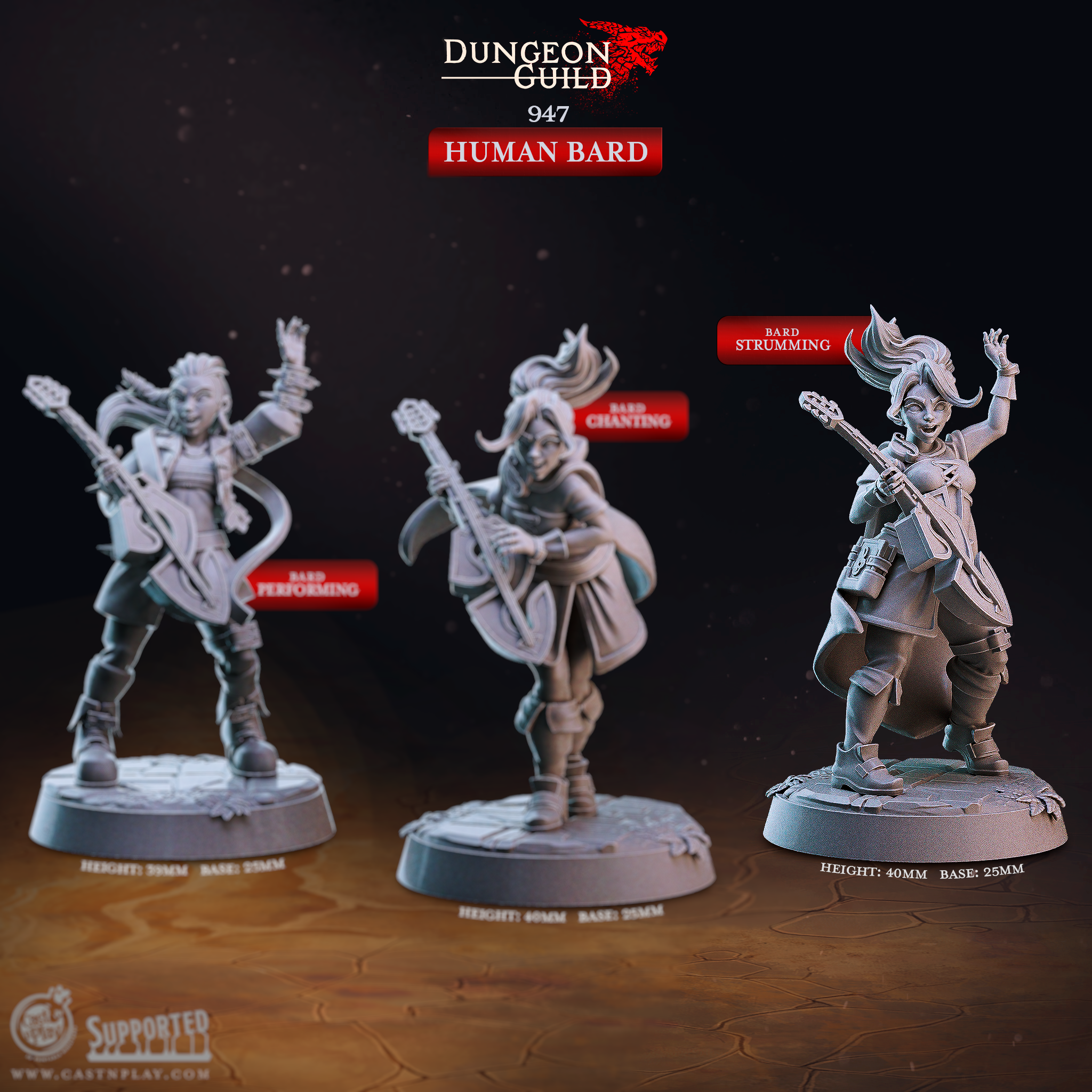 Female Human Bard Strumming 3D printed resin miniature, a cheerful bard strumming a lute with one hand raised in a performative gesture. Heroic 32mm scale figure perfect for D&D bard or Pathfinder tabletop RPG campaigns.
