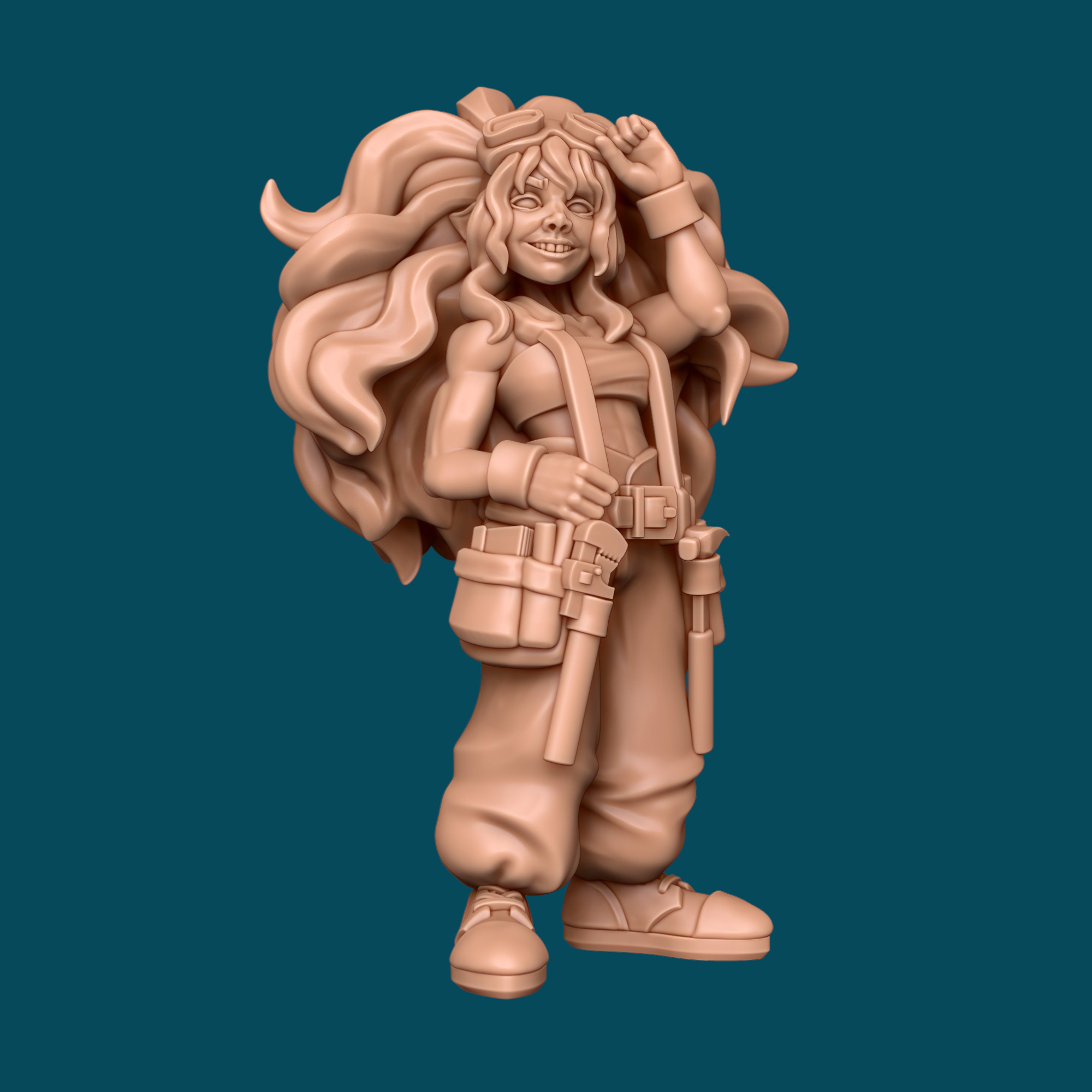 Silysil is a gnome mechanic miniature in heroic 32mm scale, printed in 16K ABS-Like resin. Features goggles, flowing hair, and tool belt. Ready to paint for D&D and tabletop RPGs.