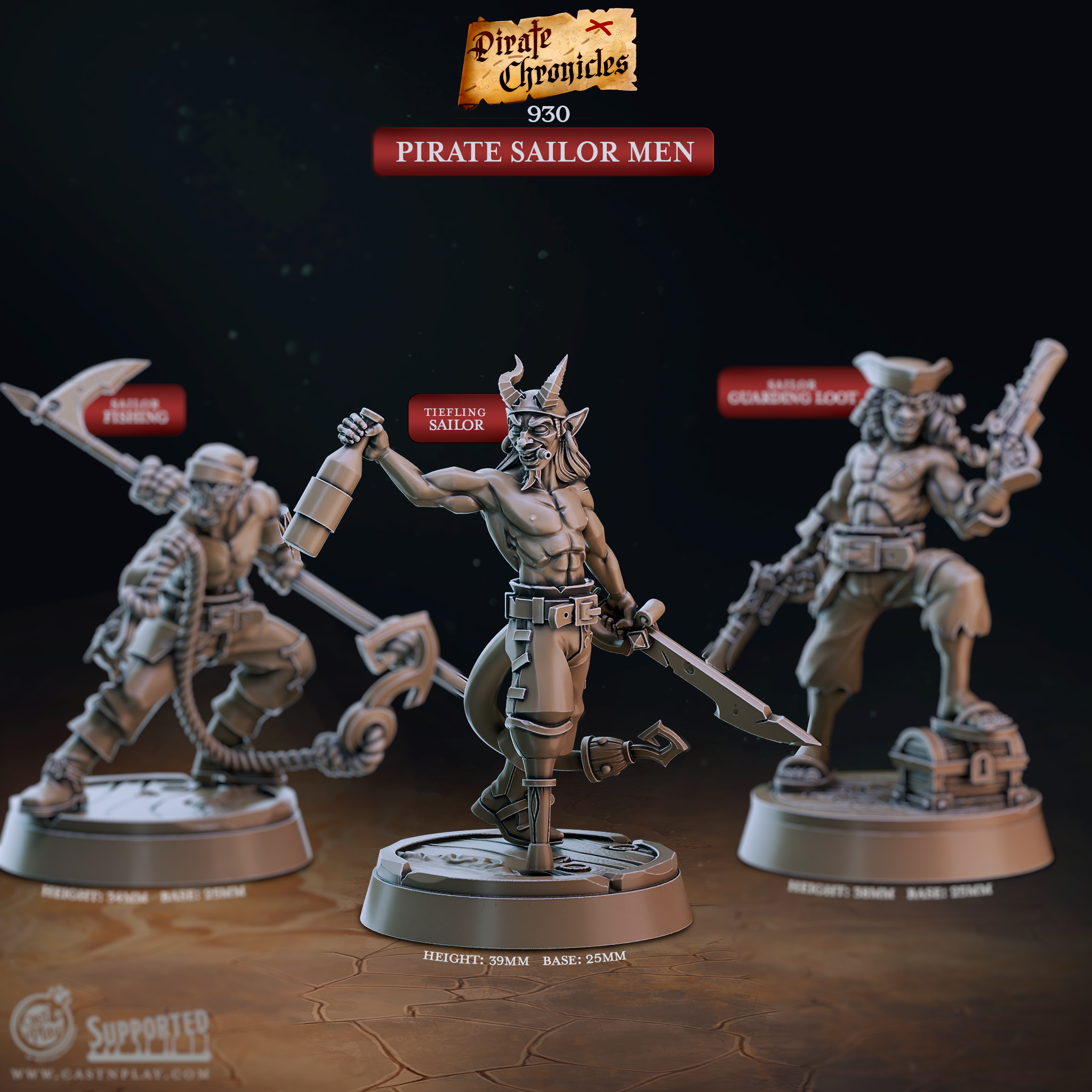 3D printed resin miniature of Tiefling Sailor, a horned tiefling pirate holding a large anchor and sword with a bare-chested muscular build, for D&D and Pathfinder tabletop RPG. Part of the Pirate Sailor Men set from the Pirate Chronicles collection by Cast N Play.