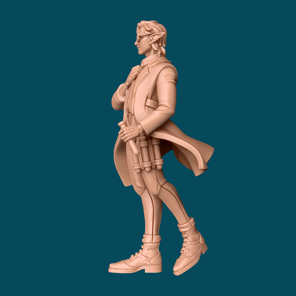 3D model of a character in a coat and boots on a blue background