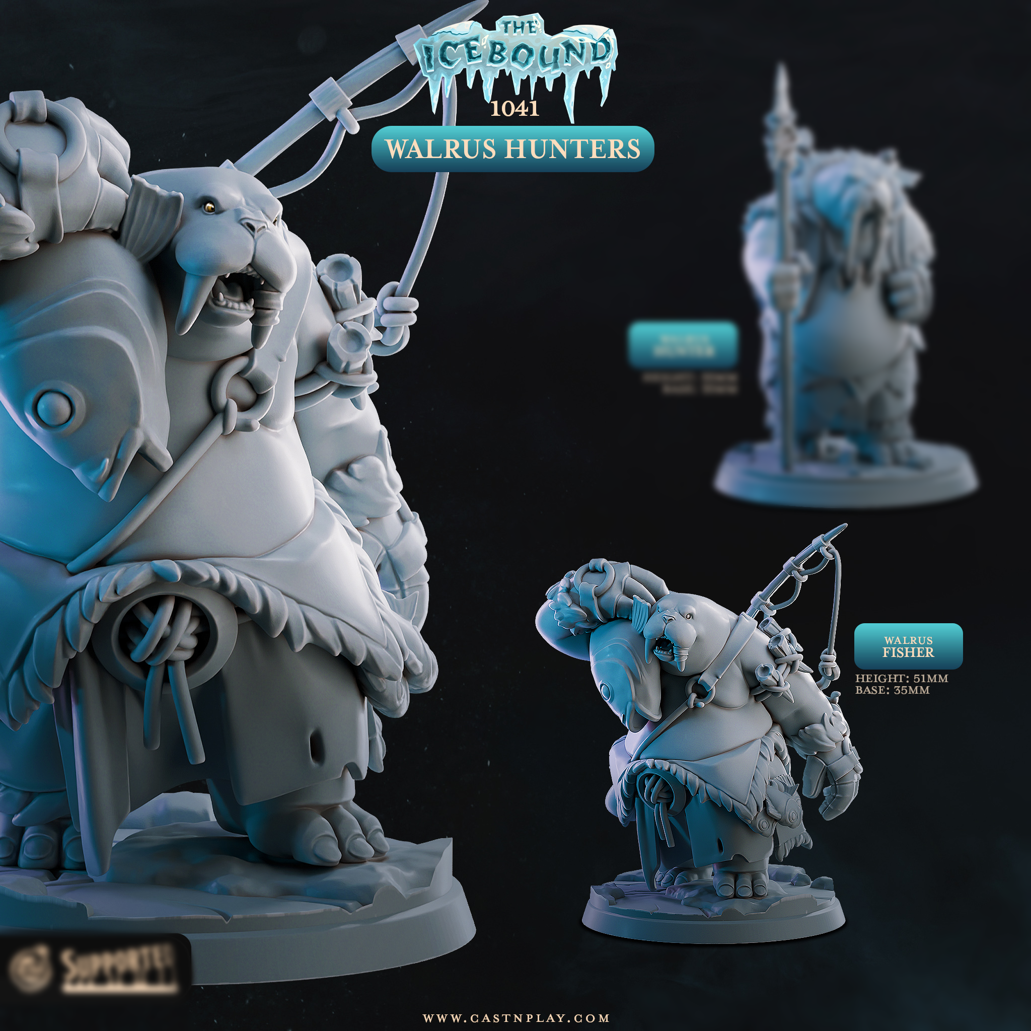 Walrus Hunter Miniatures | Arctic Beast Folk D&D Pathfinder Tabletop RPG | 16K Resin Heroic 32mm Scale