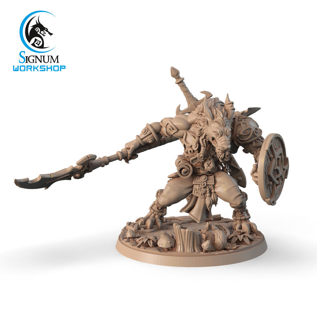 Wolfen Warrior with Spear 3D printed 16K resin miniature for D&D and Pathfinder tabletop RPG, sculpted as a Werewolf, Shifter Fighter, Barbarian in heroic 32mm scale with ABS-Like durable resin.