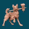 3D printed miniature of Fluffles, an armored dog companion carrying a warhammer in its mouth with saddlebags, perfect for D&D beast companion or animal protector in tabletop RPG campaigns, printed in high-detail resin at heroic 32mm scale.
