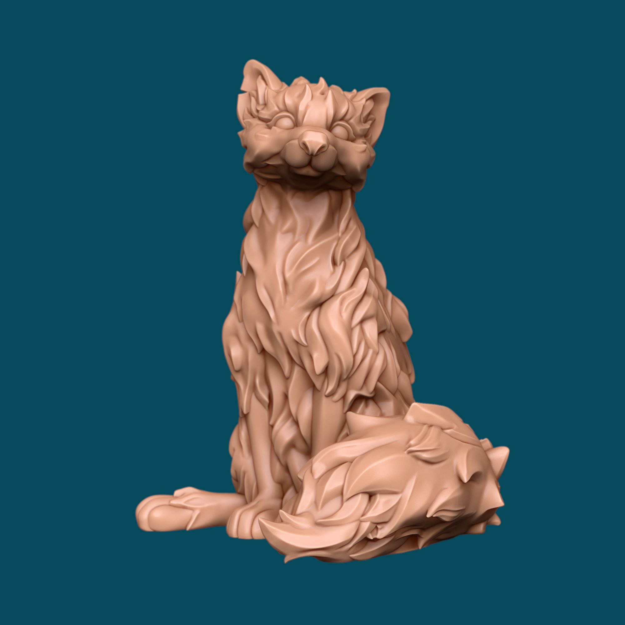 3D printed miniature of Freya, a fluffy fox familiar sitting upright, perfect for D&D animal companion or familiar in tabletop RPG campaigns, printed in high-detail resin at heroic 32mm scale.
