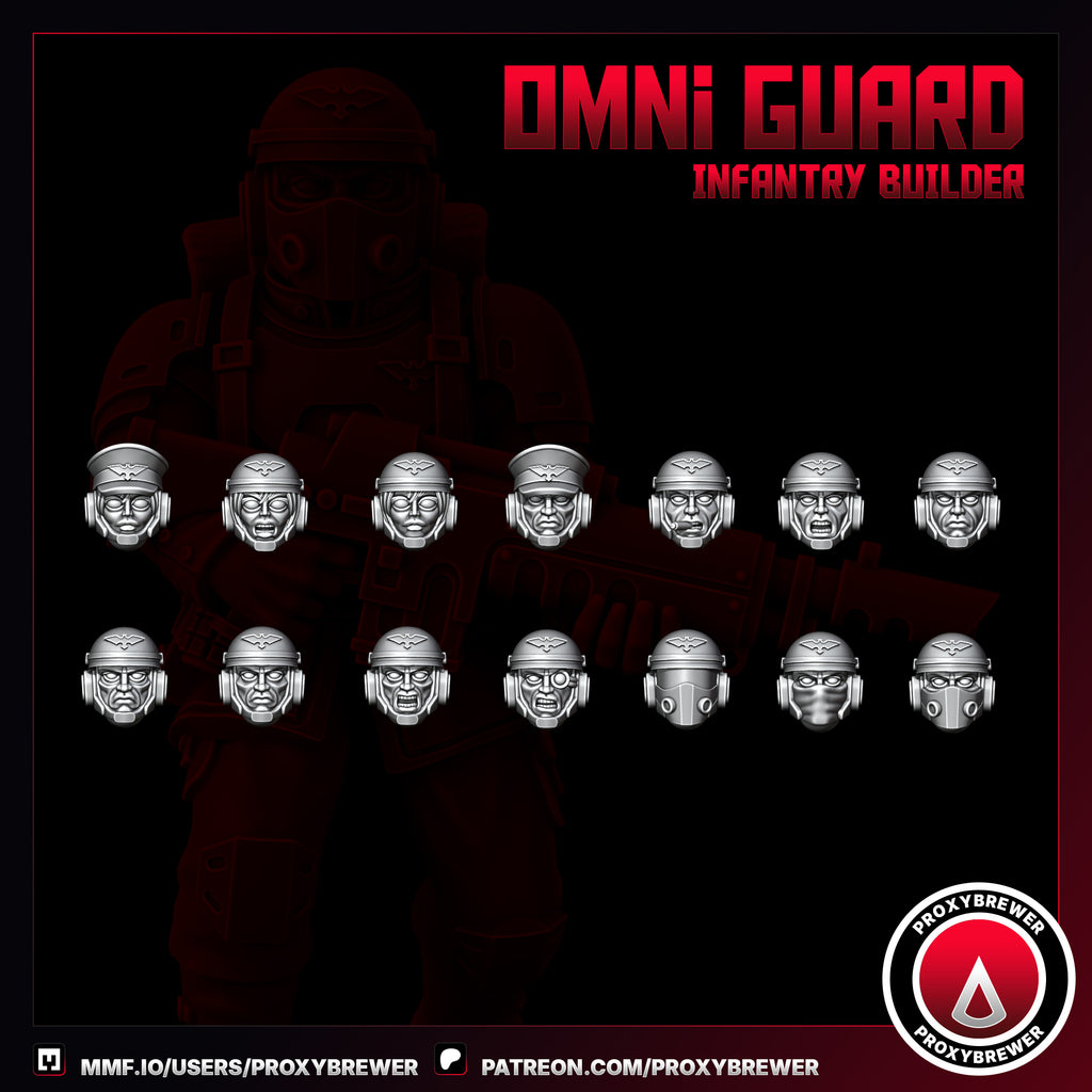 Omni Guard Infantry Builder modular head options displaying fifteen interchangeable faces for squad customization. Variety includes officer caps, gasmask respirators, bare-faced veterans, and helmeted kriegsmen with comms gear. Grimdark dieselpunk aesthetic with gothic eagle insignias. Unpainted resin bits for 28mm 32mm sci-fi wargaming proxy kitbash. Adjacent, but different, to other sci fi games like trench  crusade or warhammer 40k.