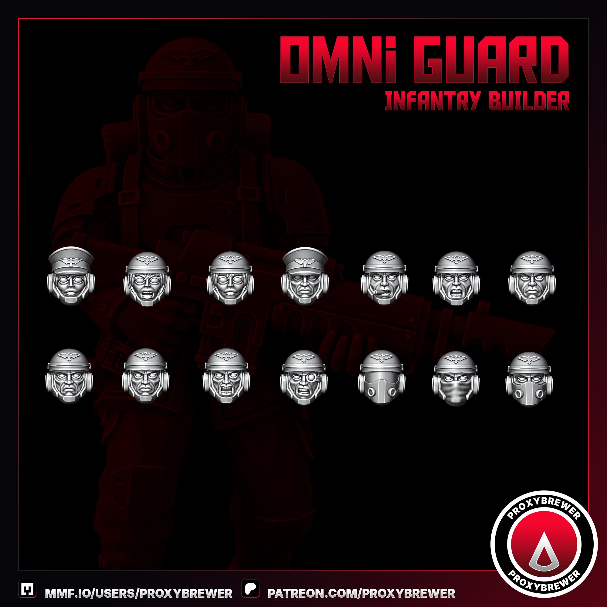 Omni Guard Infantry Builder modular head options displaying fifteen interchangeable faces for squad customization. Variety includes officer caps, gasmask respirators, bare-faced veterans, and helmeted kriegsmen with comms gear. Grimdark dieselpunk aesthetic with gothic eagle insignias. Unpainted resin bits for 28mm 32mm sci-fi wargaming proxy kitbash. Adjacent, but different, to other sci fi games like trench  crusade or warhammer 40k.