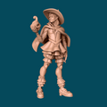 Hugh, a mage in a dress miniature for D&D and tabletop RPGs, printed in 16K resin at heroic 32mm scale, depicting an elf wizard in a wide-brimmed hat and ruffled cloak casting a spell