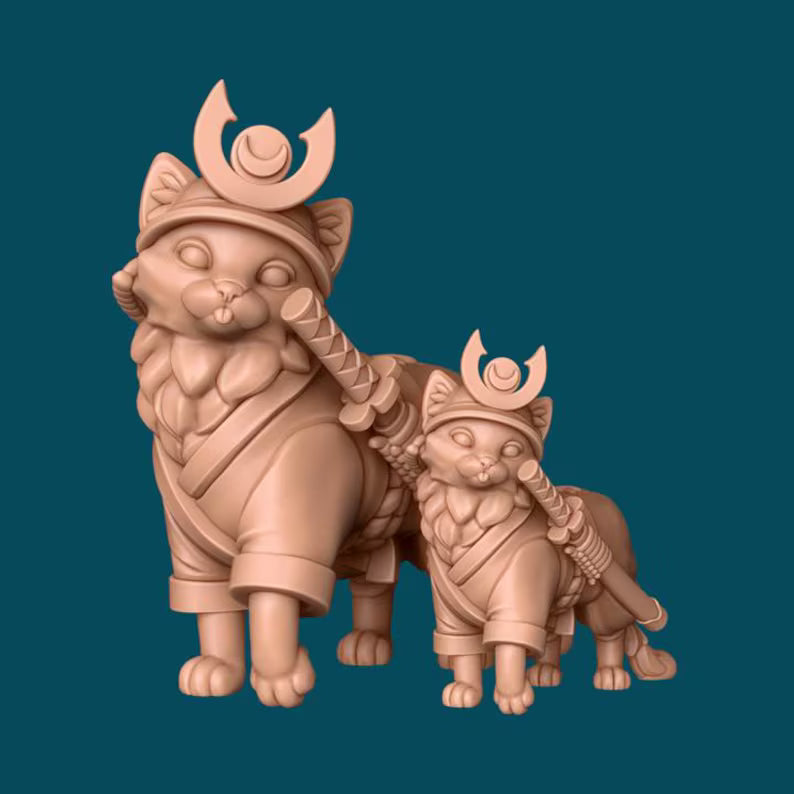 Kotatsu, Samurai Cat Miniature | D&D Cat Warrior Companion | 16K Resin Tabletop RPG