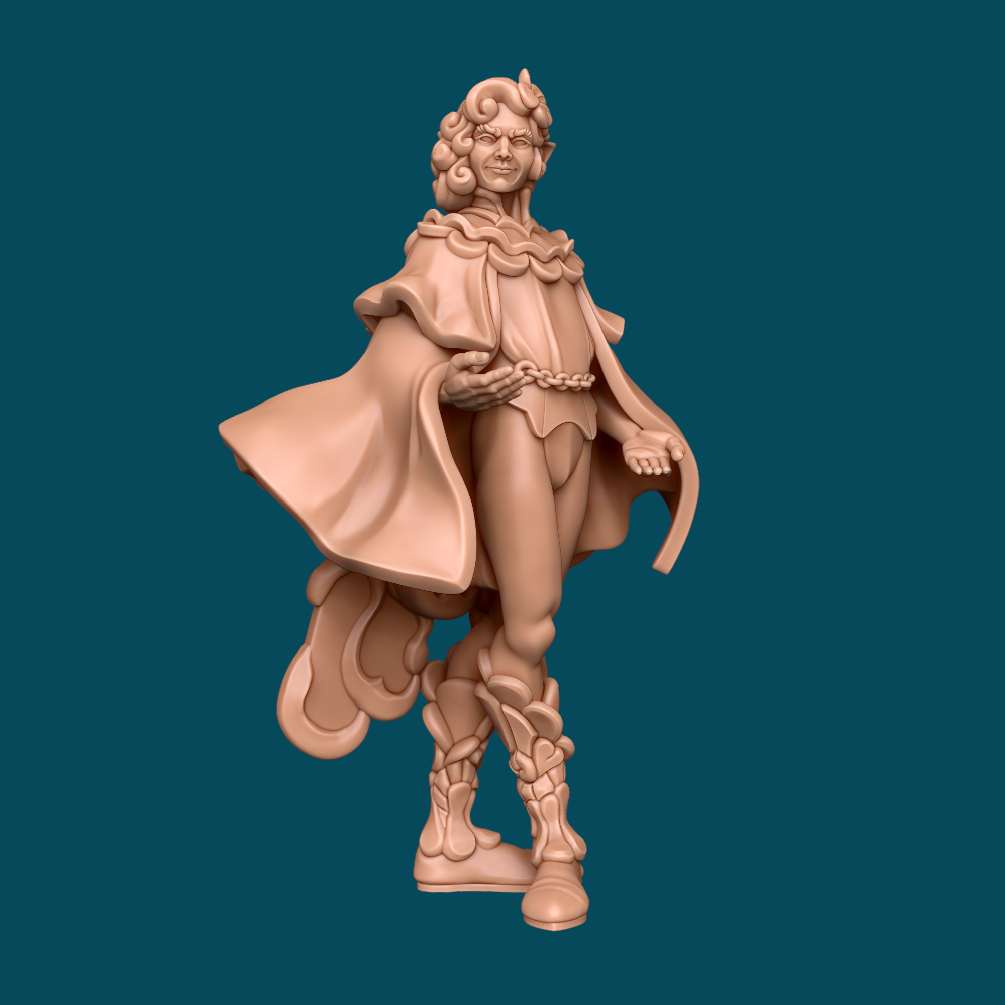 3D printed miniature of Lami, an archfey prince with curly hair, pointed ears, a ruffled collar, a flowing ornate cape, and elegant boots in a regal walking pose, a resin D&D and tabletop RPG miniature at heroic 32mm scale.