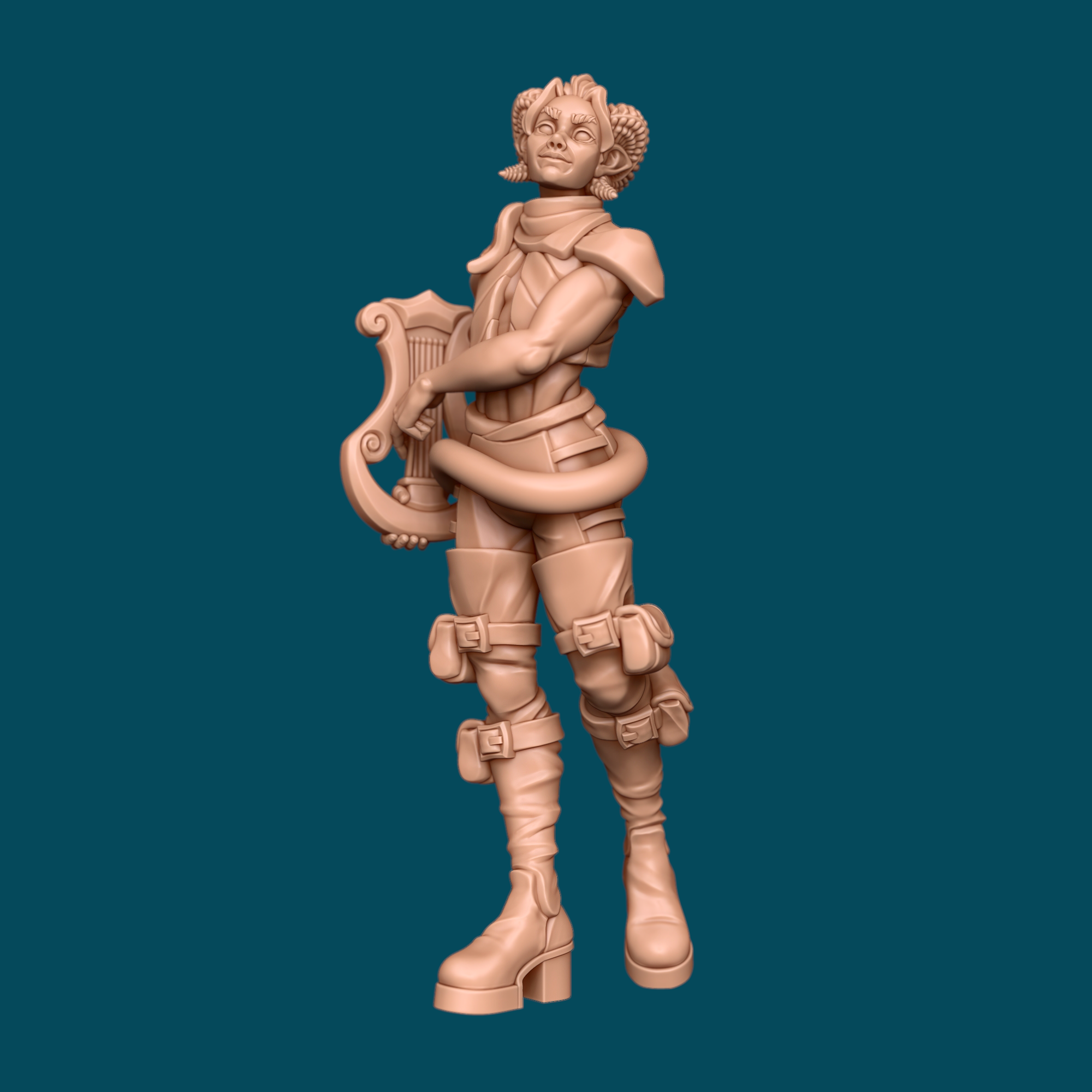 3D printed miniature of Laurel, a tiefling bard with curling ram horns, pointed ears, a scarf, platform boots, belt pouches, and a lyre held proudly, a resin D&D and tabletop RPG miniature at heroic 32mm scale.
