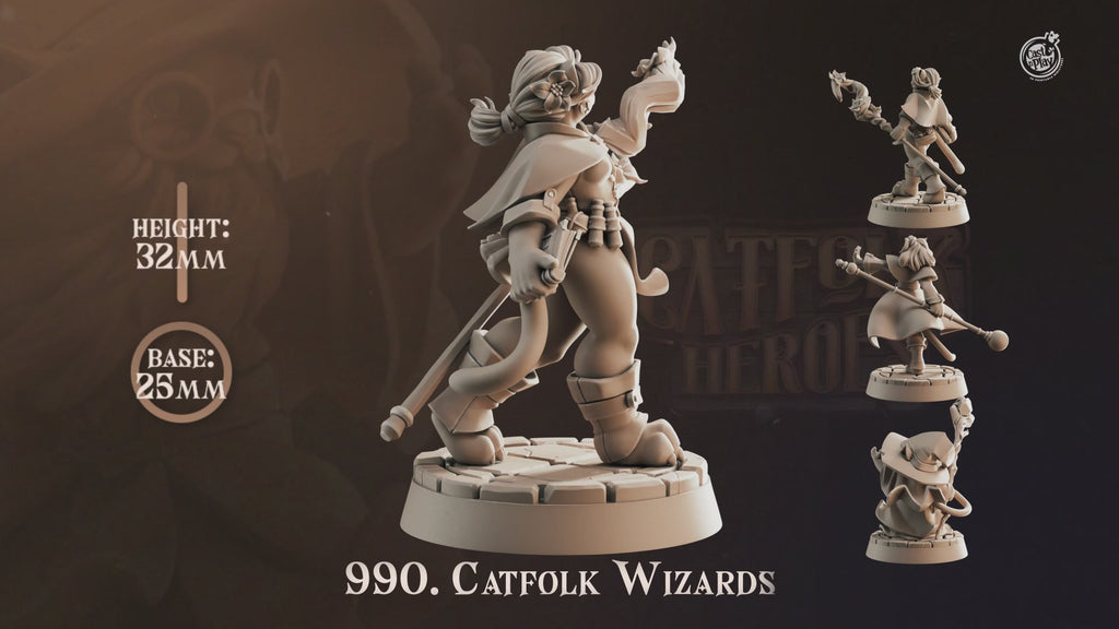 Catfolk Wizard Miniatures | Tabaxi Spellcaster D&D Pathfinder Tabletop RPG | 16K Resin Heroic 32mm Scale
