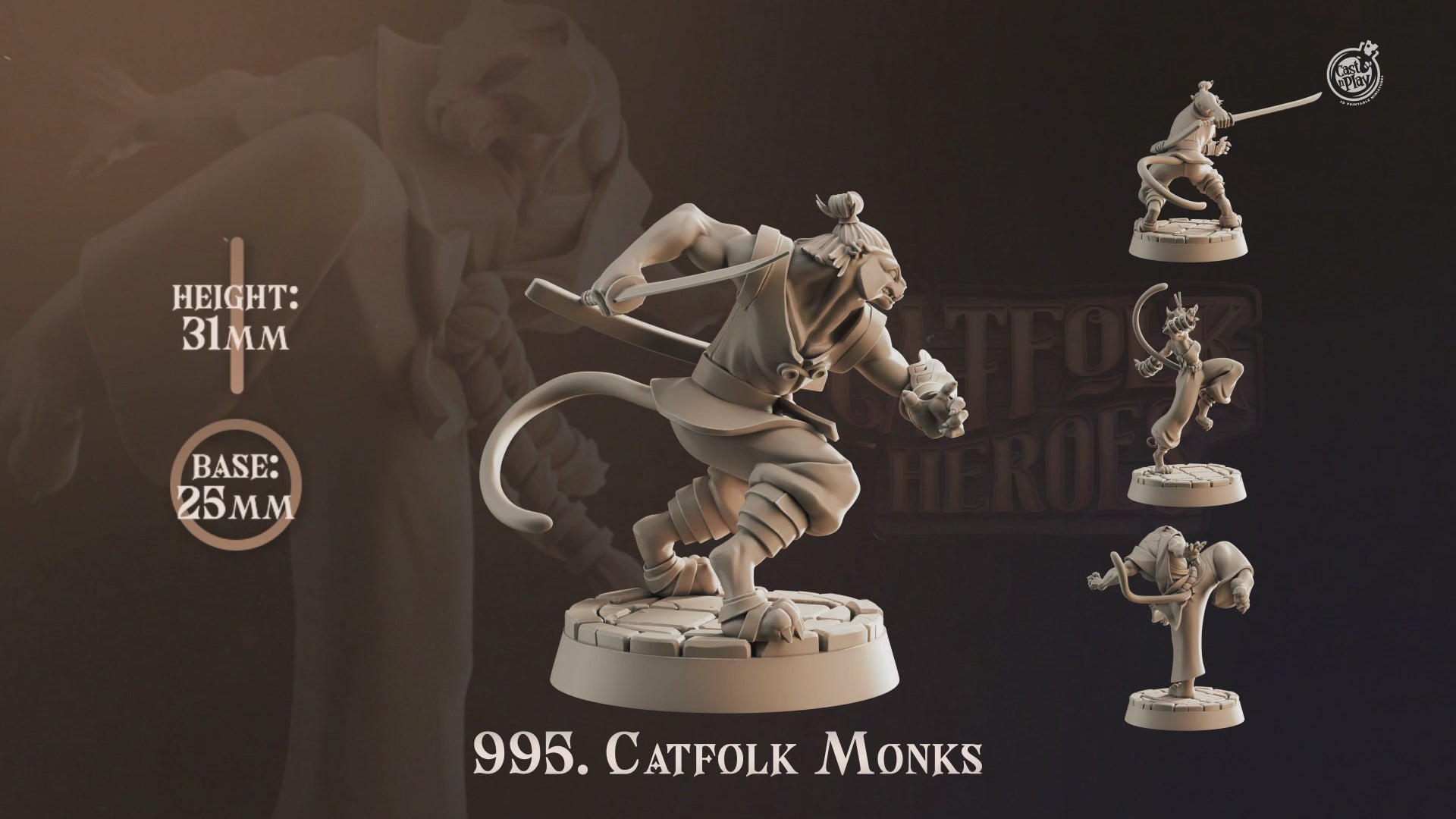 Catfolk Monk Miniatures | Tabaxi Martial Artist D&D Pathfinder Tabletop RPG | 16K Resin Heroic 32mm Scale