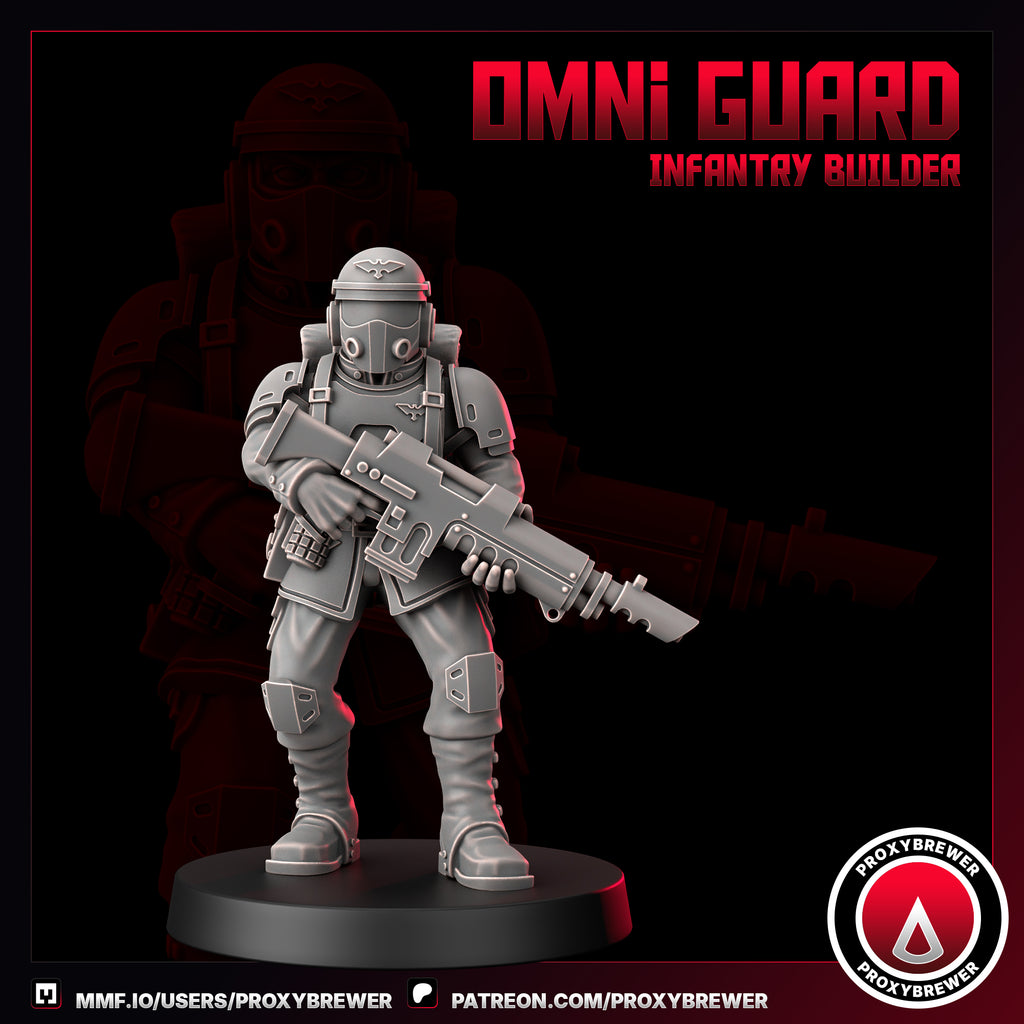 Miniature figure of an 'Omni Guard Infantry Builder' with a dark background and Proxybrewer logo.