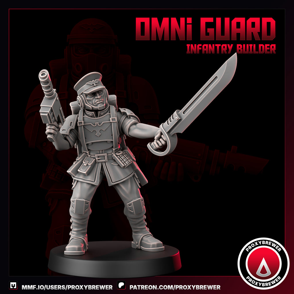Gray figure with weapon on a black background, featuring 'Omni Guard Infantry Builder' text.