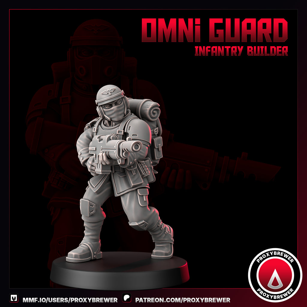 Miniature figure of an infantry builder from Omni Guard series on a dark background with Proxybrewer logo.