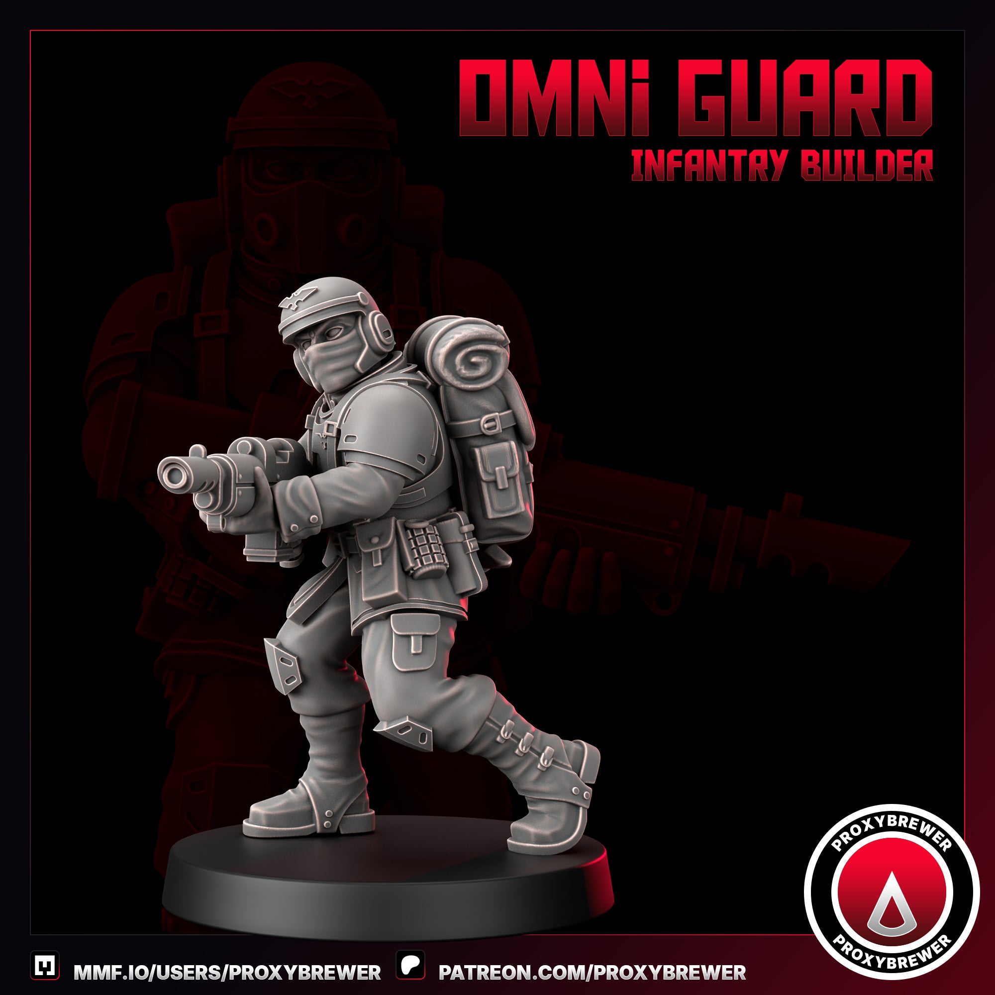 Miniature figure of an infantry builder from the game 'Omni Guard' on a dark background with Proxybrewer branding.