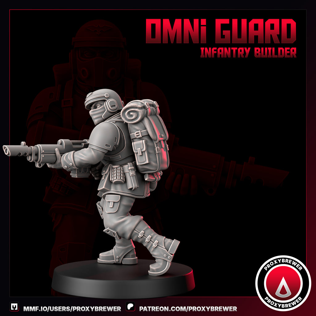 Miniature figure of an 'Omni Guard Infantry Builder' with a dark background and Proxybrewer logo.