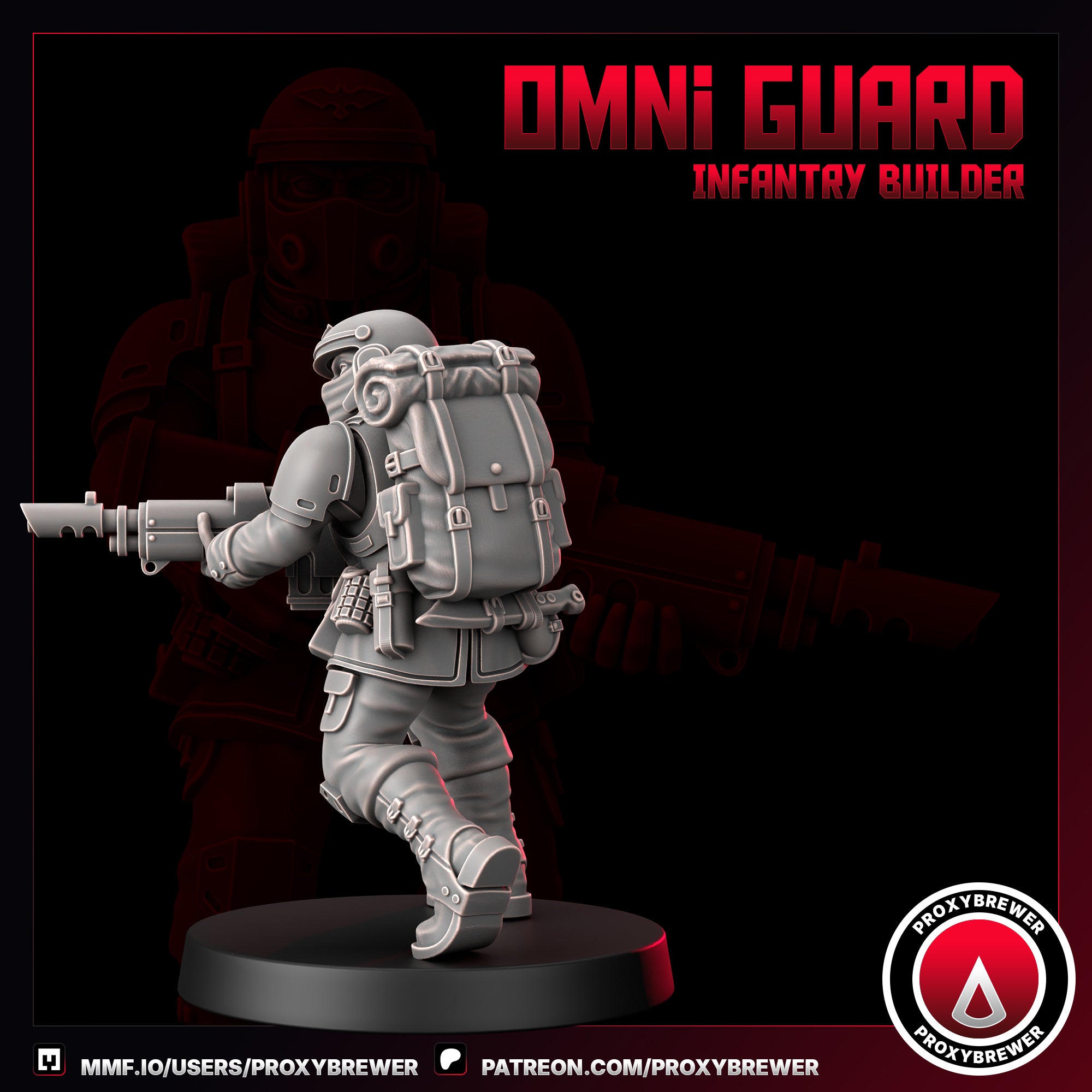 Miniature figure of an 'Omni Guard Infantry Builder' with a dark background and Proxybrewer logo.