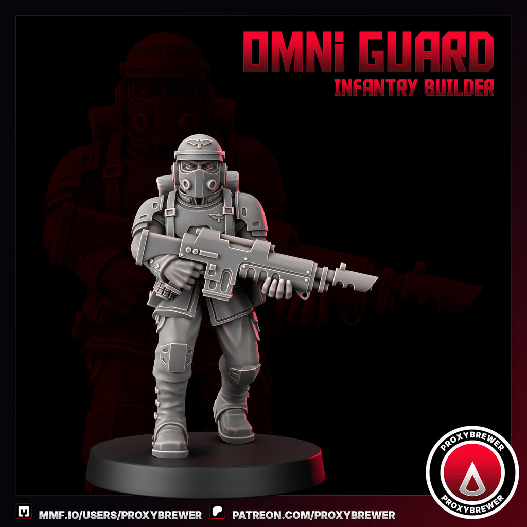 Miniature figure of an infantry builder from Omni Guard series on a dark background with Proxybrewer branding.