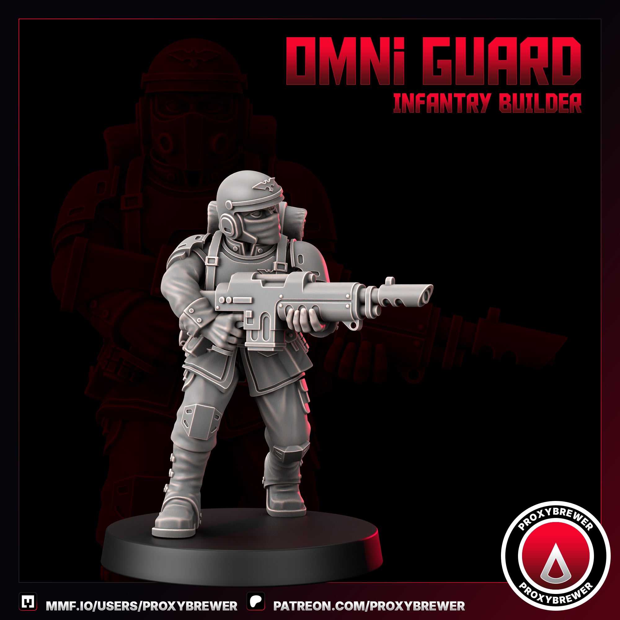 Miniature figure of an armored soldier with a weapon on a dark background, featuring the 'Omni Guard Infantry Builder' branding.