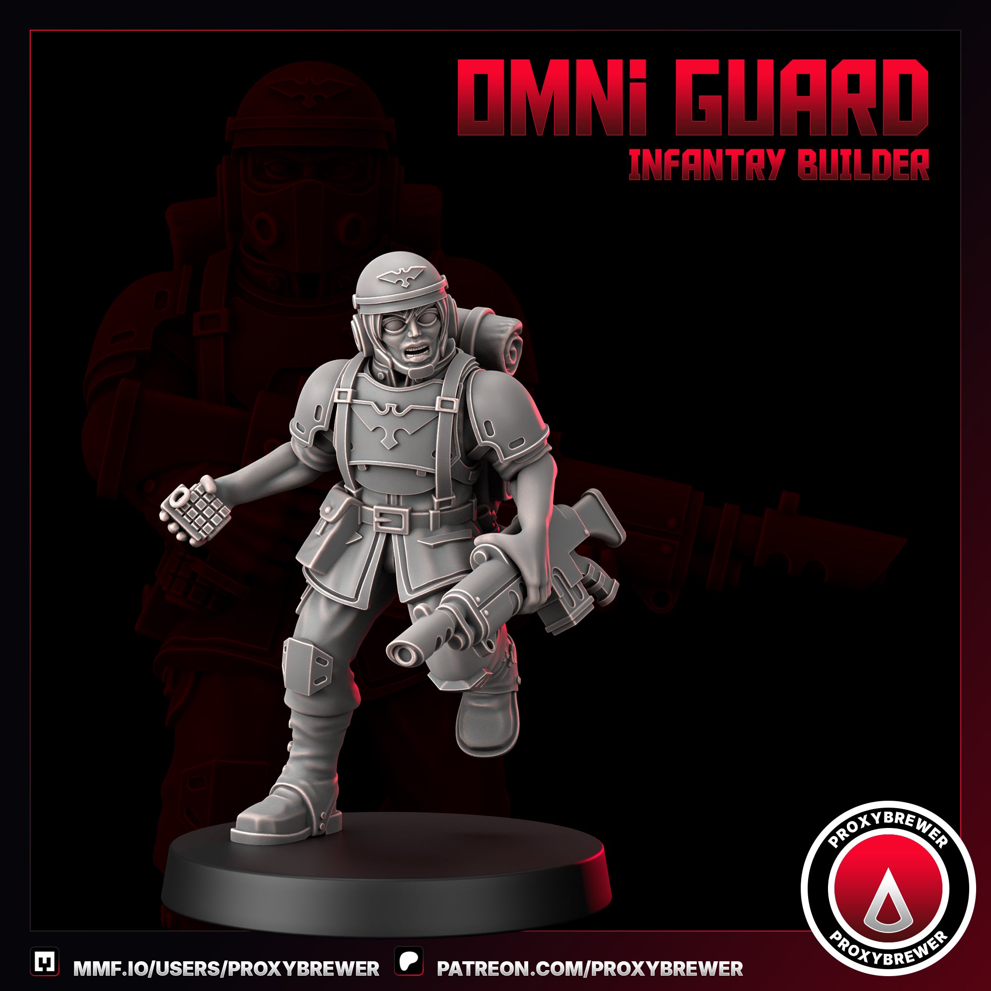 Miniature figure of an infantry builder from Omni Guard with a dark background and Proxybrewer logo.