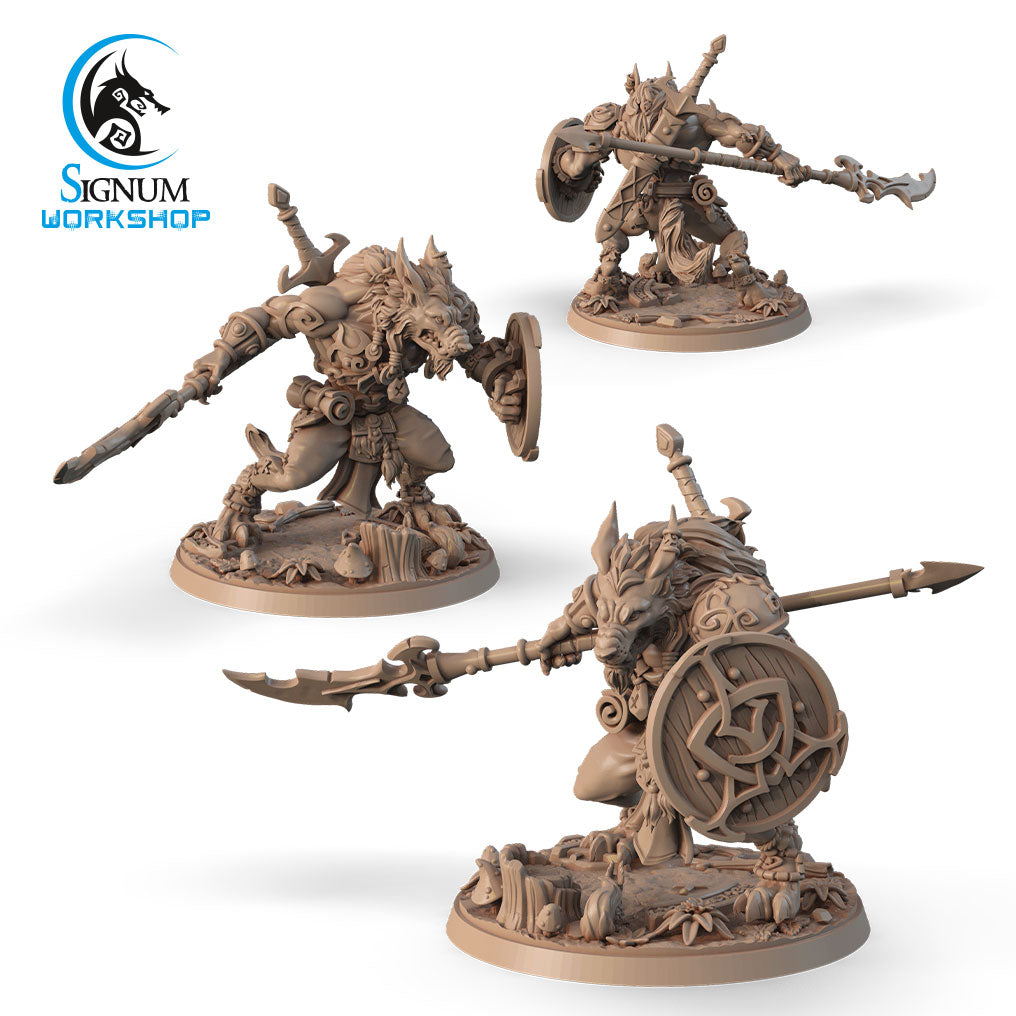 Wolfen Warrior with Spear alternate angle of the 3D printed 16K resin miniature (Werewolf, Shifter Fighter, Barbarian) for D&D, Pathfinder, and tabletop wargaming in heroic 32mm scale.